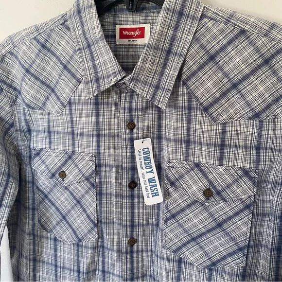 NWT Wrangler Men’s Cowboy Wash Plaid Button Up Vintage Indigo Blue size Medium - Picture 7 of 10